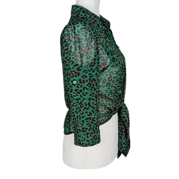 Mine Green Leopard Print Tie Front Blouse, Size S - Picture 2 of 9